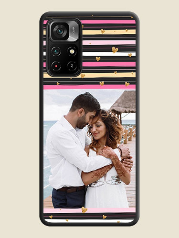 Custom Multicolor Lines and Golden Love Symbols Design on Photo on Space Black Soft Matte Mobile Cover - Poco M4 Pro 5G