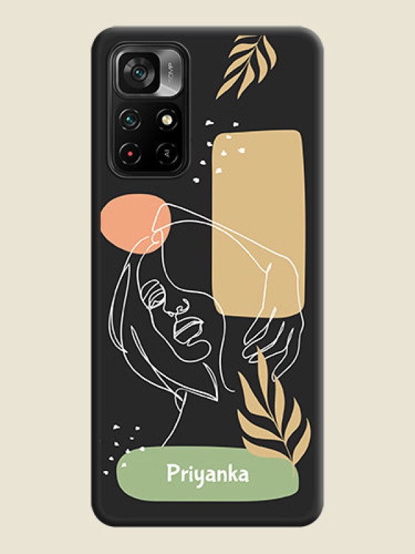 Custom Custom Text With Line Art Of Women & Leaves Design On Space Black Personalized Soft Matte Phone Covers -Poco M4 Pro 5G