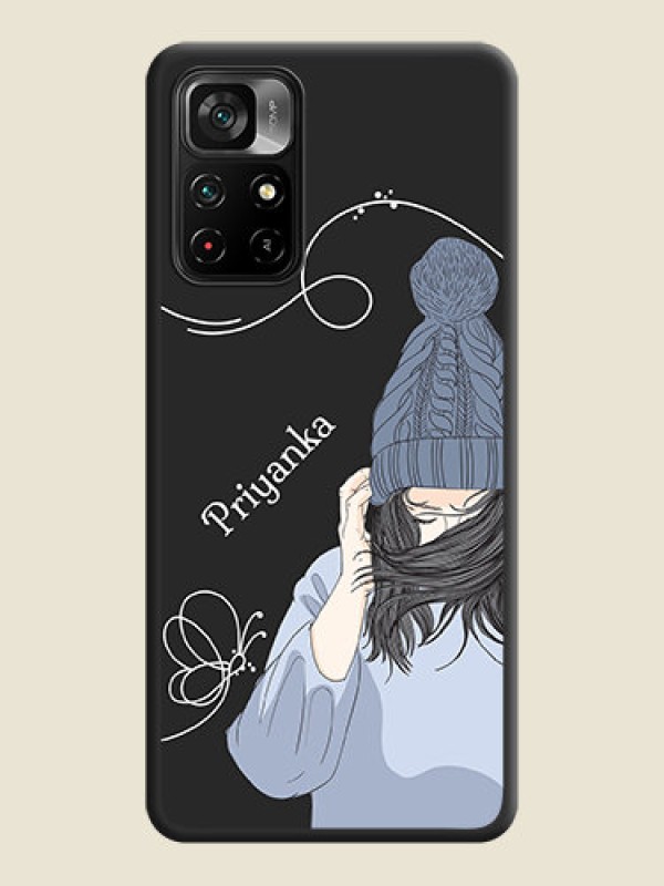 Custom Girl With Blue Winter Outfiit Custom Text Design On Space Black Personalized Soft Matte Phone Covers -Poco M4 Pro 5G