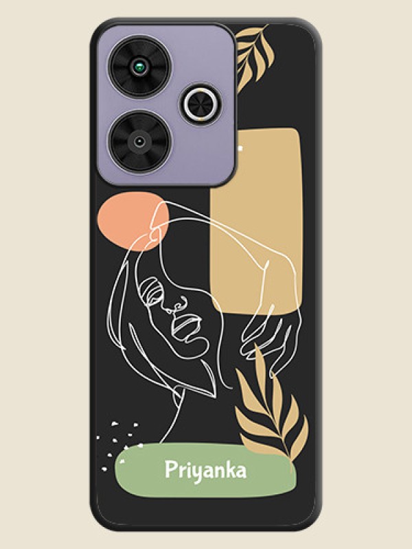 Custom Custom Text With Line Art Of Women & Leaves Design On Space Black Custom Soft Matte Mobile Back Cover - Poco M6 Plus 5G