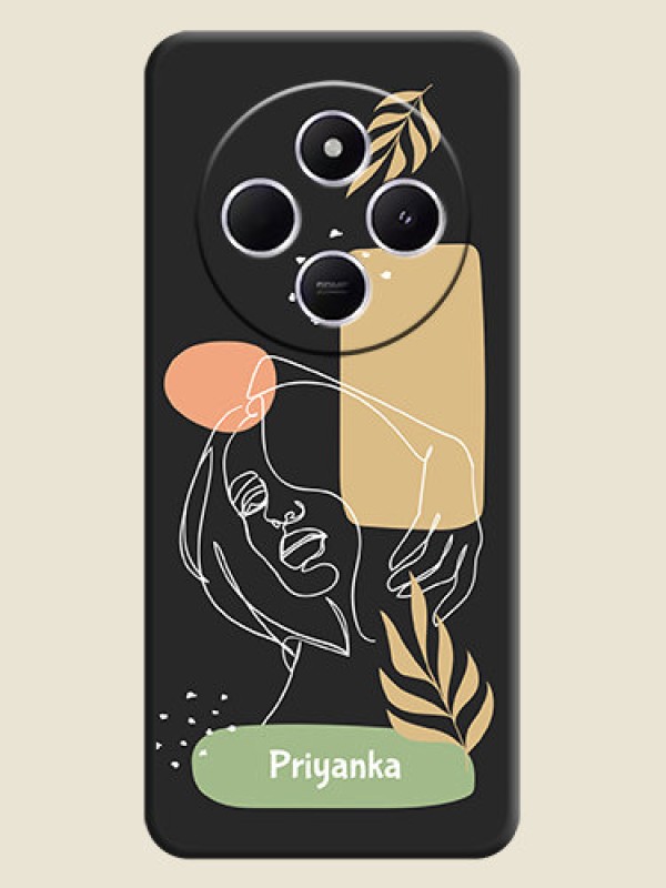 Custom Custom Text With Line Art Of Women & Leaves Design On Space Black Custom Soft Matte Mobile Back Cover - Poco M7 5G