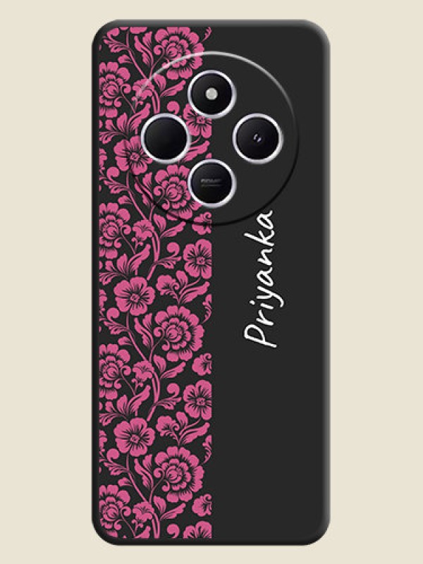 Custom Pink Floral Pattern Design With Custom Text On Space Black Custom Soft Matte Mobile Back Cover - Poco M7 5G