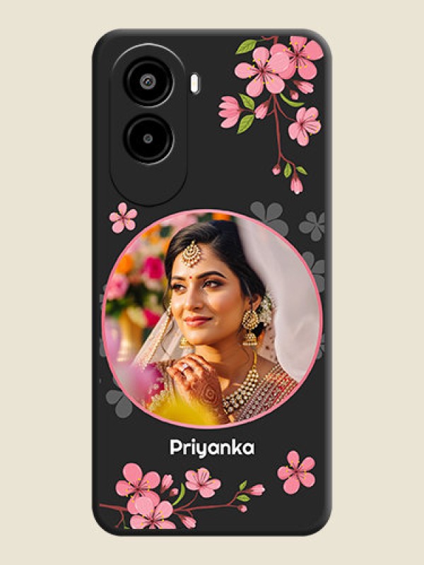 Custom Round Image with Pink Color Floral Design on Photo On Space Black Custom Soft Matte Mobile Back Cover - Poco M7 Plus 5G