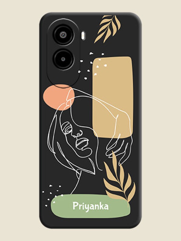 Custom Custom Text With Line Art Of Women & Leaves Design On Space Black Custom Soft Matte Mobile Back Cover - Poco M7 Plus 5G