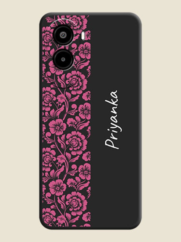 Custom Pink Floral Pattern Design With Custom Text On Space Black Custom Soft Matte Mobile Back Cover - Poco M7 Plus 5G