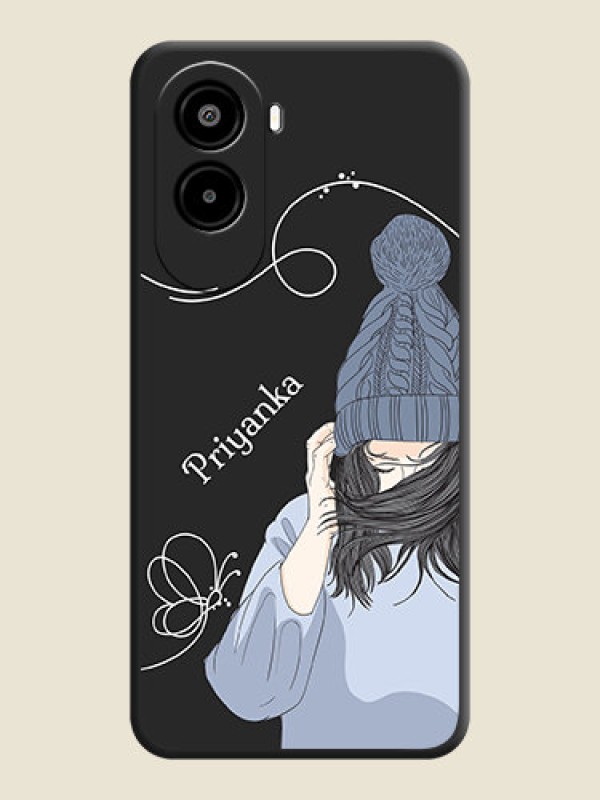 Custom Girl With Blue Winter Outfiit Custom Text Design On Space Black Custom Soft Matte Mobile Back Cover - Poco M7 Plus 5G