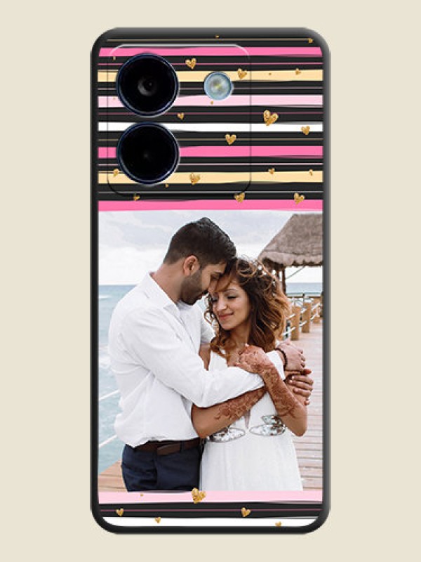 Custom Multicolor Lines and Golden Love Symbols Design on Photo On Space Black Custom Soft Matte Mobile Back Cover - Poco M7 Pro 5G