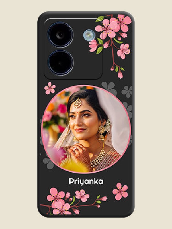 Custom Round Image with Pink Color Floral Design on Photo On Space Black Custom Soft Matte Mobile Back Cover - Poco M7 Pro 5G