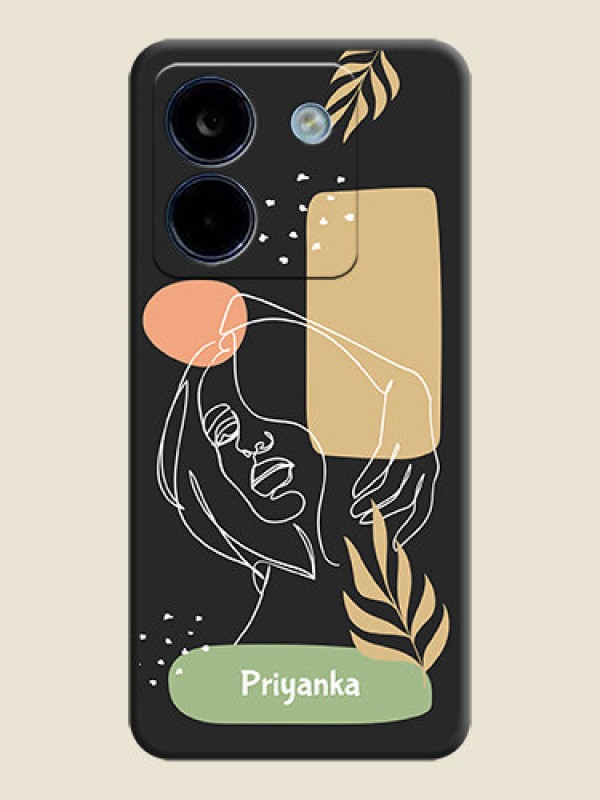 Custom Custom Text With Line Art Of Women & Leaves Design On Space Black Custom Soft Matte Mobile Back Cover - Poco M7 Pro 5G