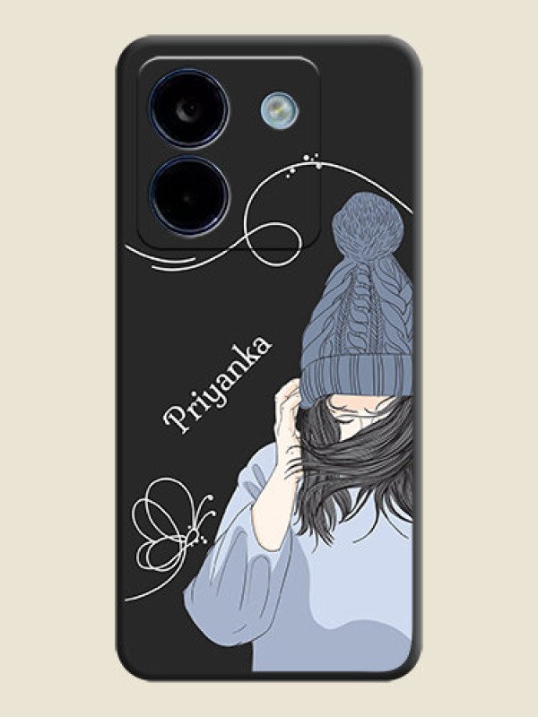 Custom Girl With Blue Winter Outfiit Custom Text Design On Space Black Custom Soft Matte Mobile Back Cover - Poco M7 Pro 5G