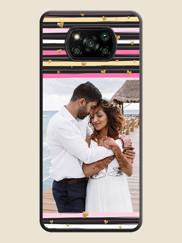Custom Multicolor Lines and Golden Love Symbols Design on Photo on Space Black Soft Matte Mobile Cover - Poco X3 Pro