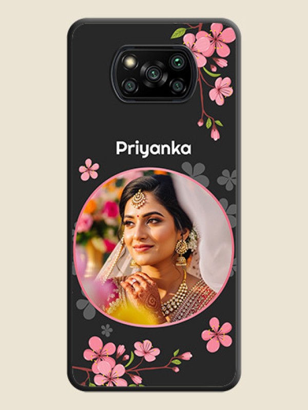Custom Round Image with Pink Color Floral Design on Photo on Space Black Soft Matte Back Cover - Poco X3 Pro