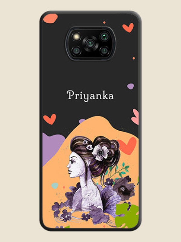 Custom Namecase For Her With Fancy Lady Image On Space Black Personalized Soft Matte Phone Covers -Poco X3 Pro