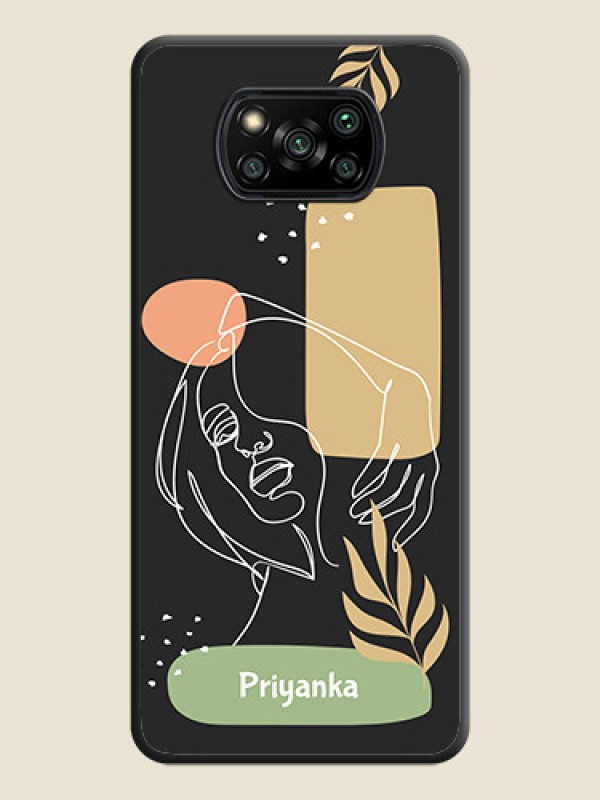 Custom Custom Text With Line Art Of Women & Leaves Design On Space Black Personalized Soft Matte Phone Covers -Poco X3 Pro