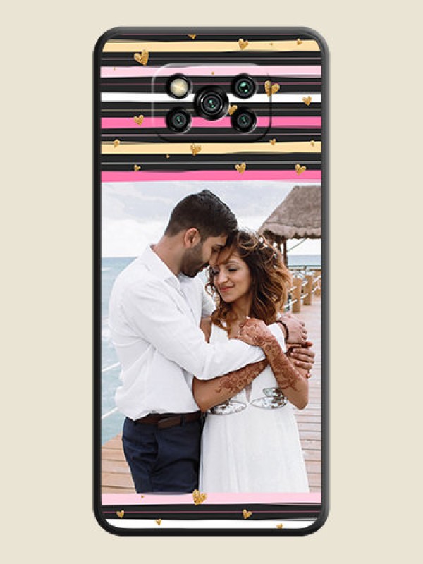 Custom Multicolor Lines and Golden Love Symbols Design on Photo on Space Black Soft Matte Mobile Cover - Poco X3