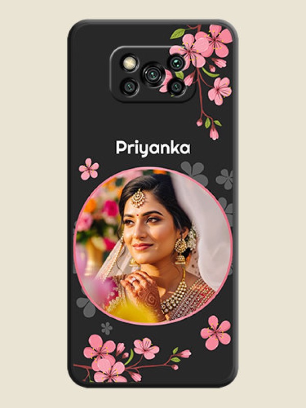 Custom Round Image with Pink Color Floral Design on Photo on Space Black Soft Matte Back Cover - Poco X3
