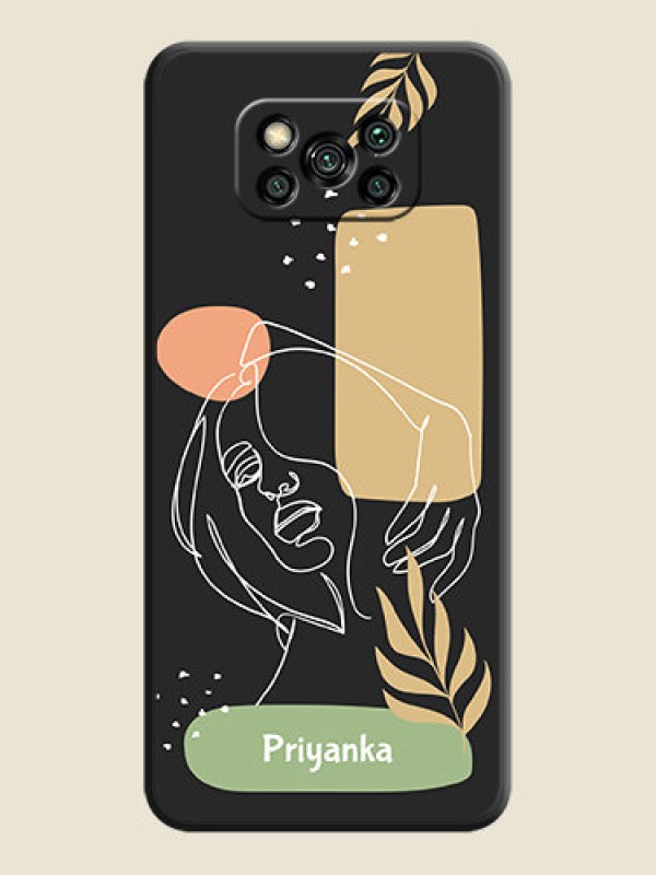 Custom Custom Text With Line Art Of Women & Leaves Design On Space Black Personalized Soft Matte Phone Covers -Poco X3