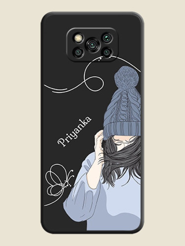 Custom Girl With Blue Winter Outfiit Custom Text Design On Space Black Personalized Soft Matte Phone Covers -Poco X3