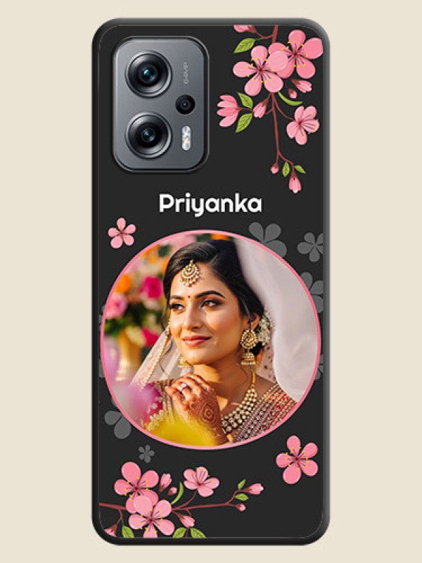 Custom Round Image with Pink Color Floral Design on Photo on Space Black Soft Matte Back Cover - Poco X4 Gt 5G