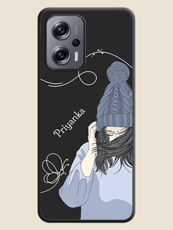 Custom Girl With Blue Winter Outfiit Custom Text Design On Space Black Personalized Soft Matte Phone Covers -Poco X4 Gt 5G
