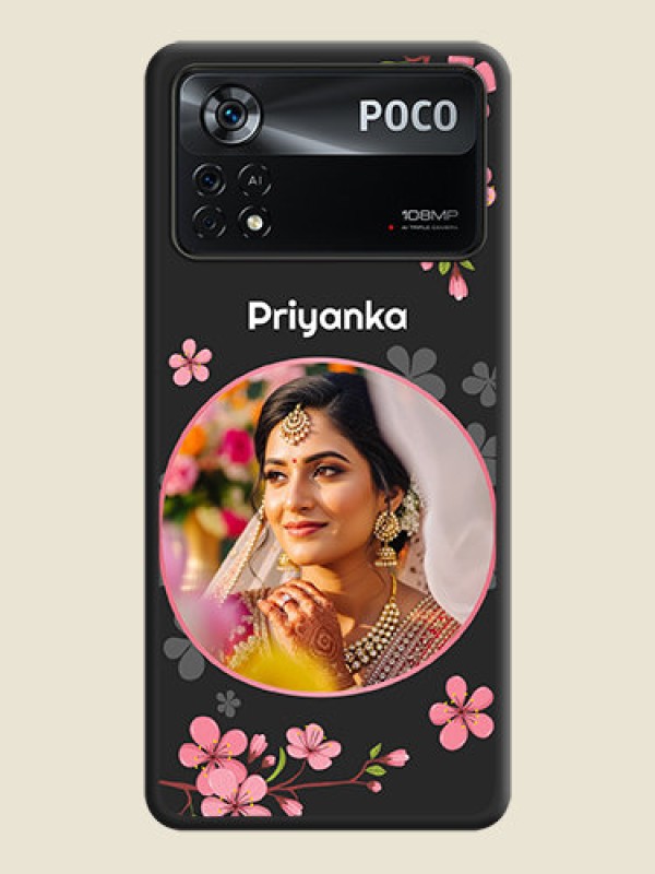 Custom Round Image with Pink Color Floral Design on Photo on Space Black Soft Matte Back Cover - Poco X4 Pro 5G