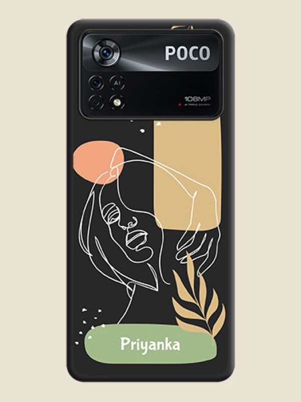 Custom Custom Text With Line Art Of Women & Leaves Design On Space Black Personalized Soft Matte Phone Covers -Poco X4 Pro 5G