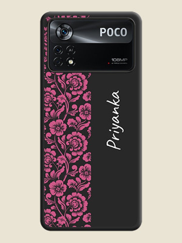 Custom Pink Floral Pattern Design With Custom Text On Space Black Personalized Soft Matte Phone Covers -Poco X4 Pro 5G