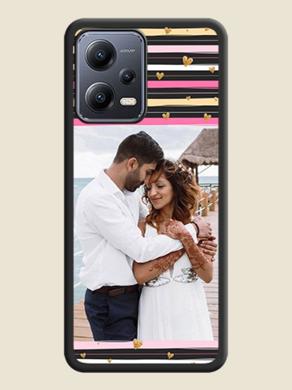 Custom Multicolor Lines and Golden Love Symbols Design on Photo on Space Black Soft Matte Mobile Cover - Poco X5 5G