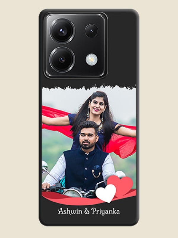 Custom Pink Color Love Shaped Ribbon Design with Text on Space Black Custom Soft Matte Phone Back Cover - Poco X6 5G