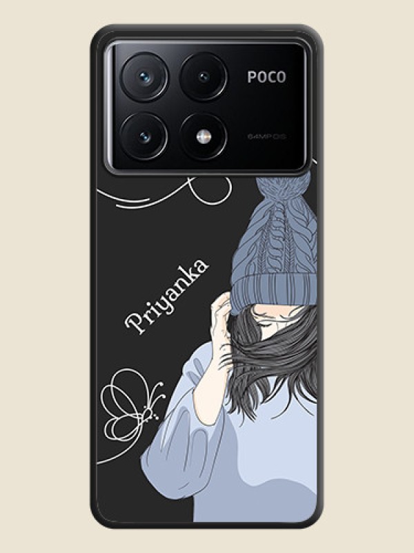 Custom Girl With Blue Winter Outfiit Custom Text Design On Space Black Personalized Soft Matte Phone Covers - Poco X6 Pro 5G