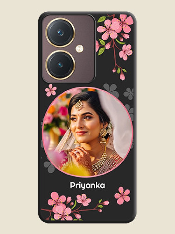 Custom Round Image with Pink Color Floral Design - Photo on Space Black Soft Matte Back Cover - Vivo Y27