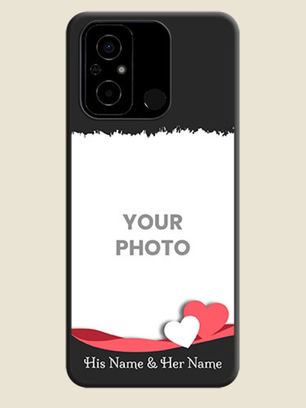 Custom Pin Color Love Shaped Ribbon Design with Text on Space Black Custom Soft Matte Phone Back Cover - Poco C55 - alternate view