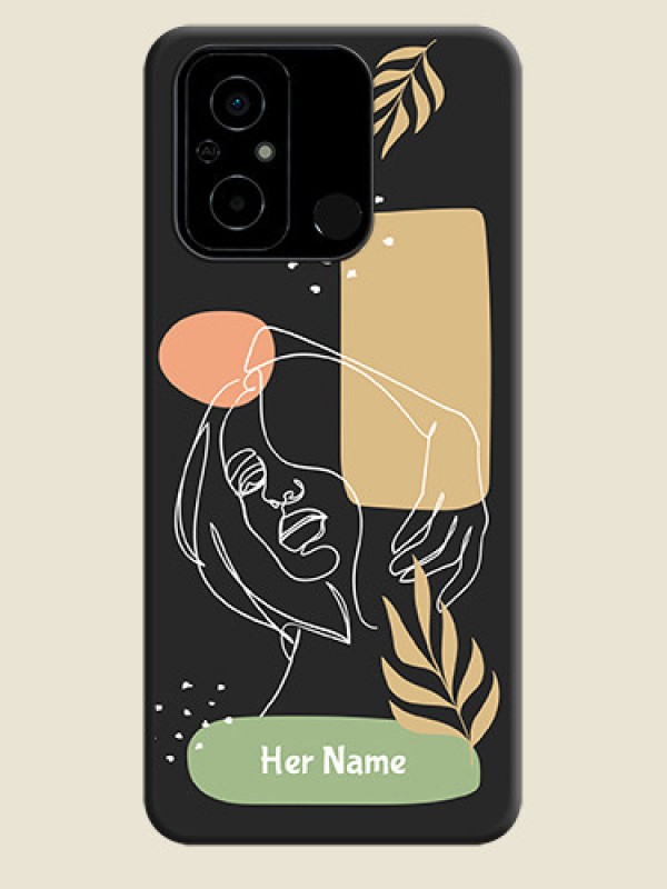 Custom Custom Text With Line Art Of Women & Leaves Design On Space Black Personalized Soft Matte Phone Covers -Poco C55 - alternate view