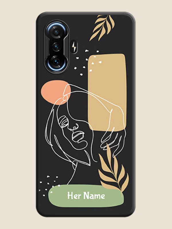 Custom Custom Text With Line Art Of Women & Leaves Design On Space Black Personalized Soft Matte Phone Covers -Poco F3 Gt - alternate view