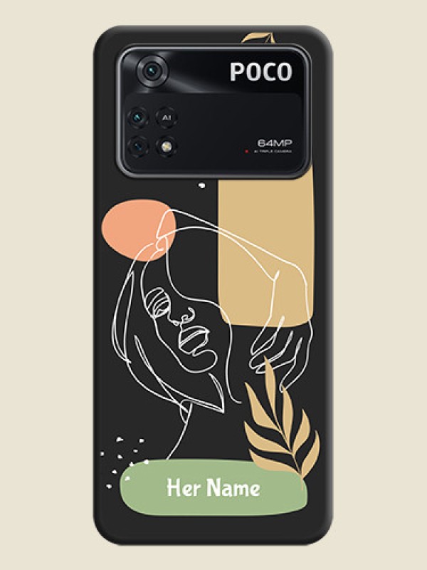 Custom Custom Text With Line Art Of Women & Leaves Design On Space Black Personalized Soft Matte Phone Covers -Poco M4 Pro 4G - alternate view