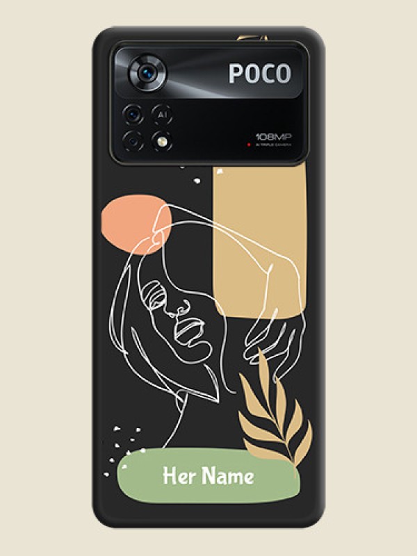 Custom Custom Text With Line Art Of Women & Leaves Design On Space Black Personalized Soft Matte Phone Covers -Poco X4 Pro 5G - alternate view