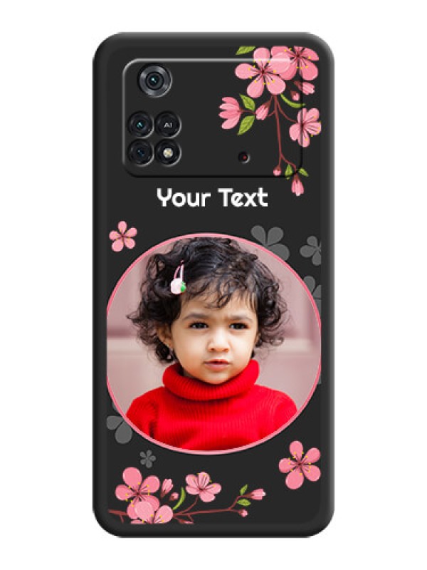 Custom Round Image with Pink Color Floral Design on Photo on Space Black Soft Matte Back Cover - Poco M4 Pro 4G