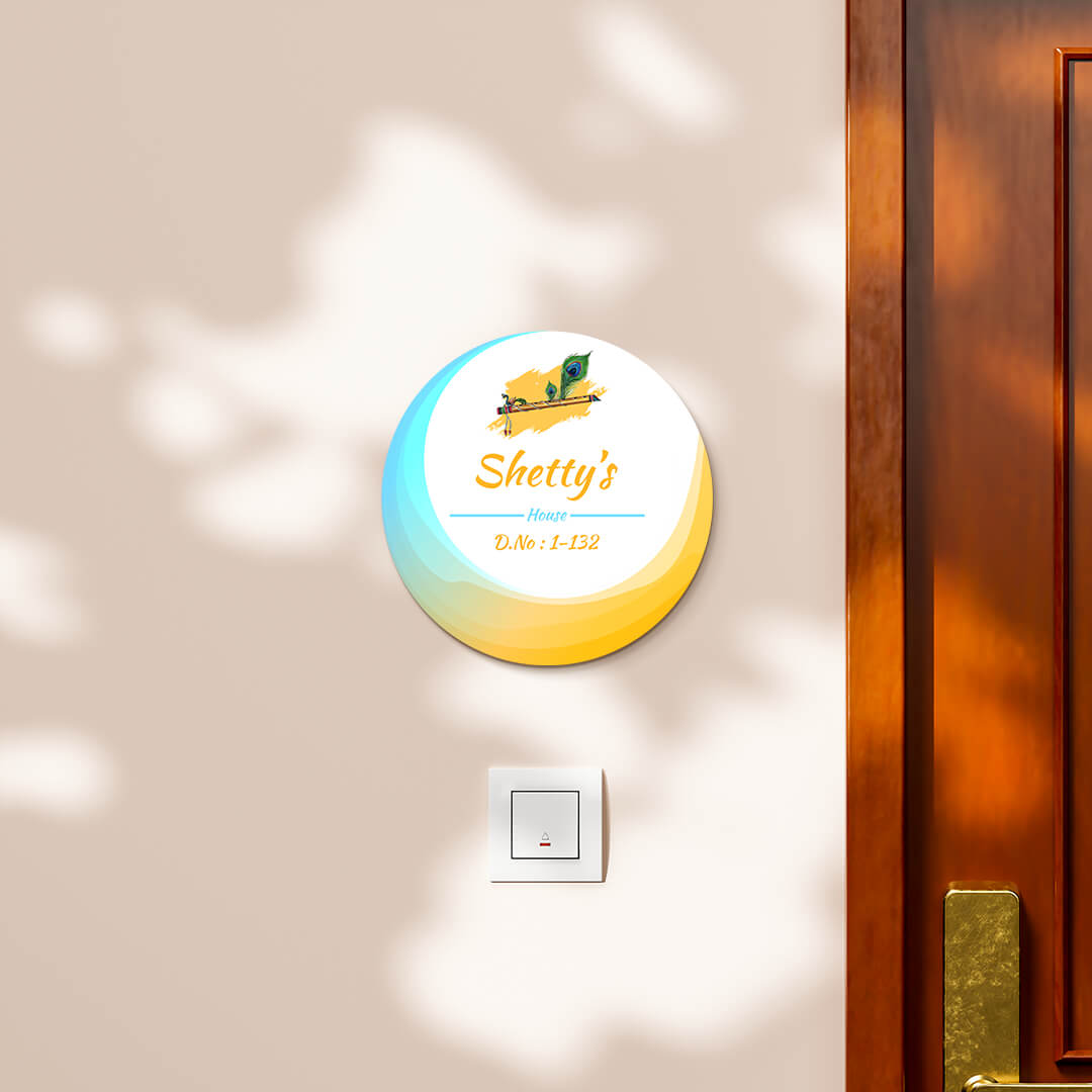 Buy Lord Krishna’s Divine Flute Circular Design Glossy Nameplate at our