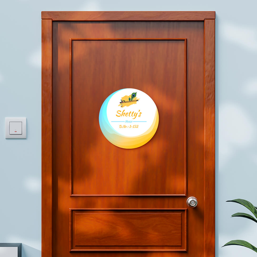 Buy Lord Krishna’s Divine Flute Circular Design Glossy Nameplate at our